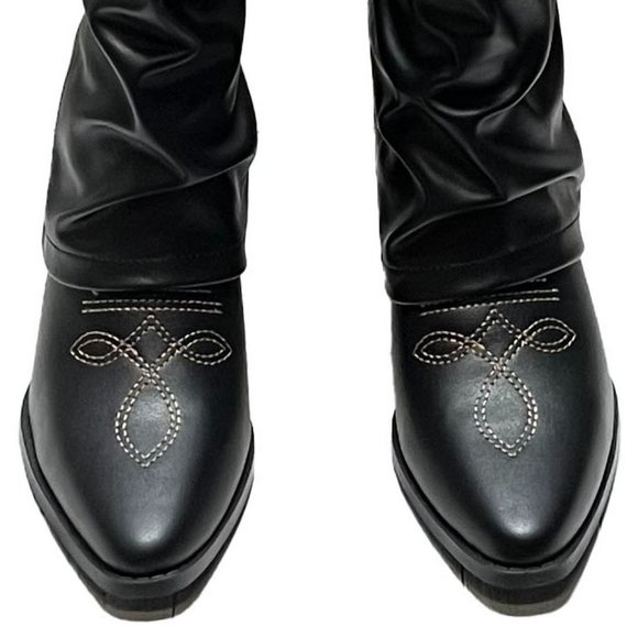 New Black Cowboy Fold Over Western Knee High Cowgirl Boots - Picture 6 of 6
